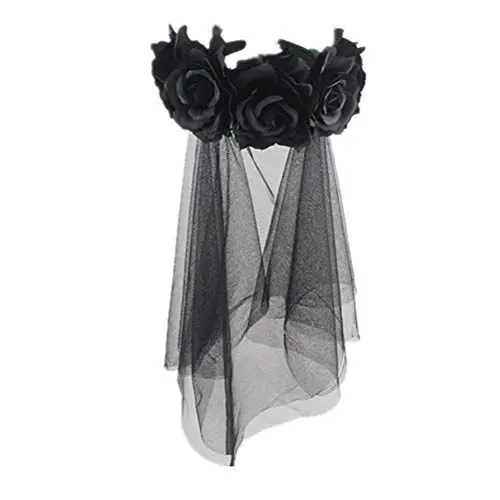Produktbild: Lurrose Rose Floral Crown Schleier Halloween-Kostüm mexikanischen Stirnband Day of the Dead Headpiece für Festival Carnival Party (schwarzes Muster)