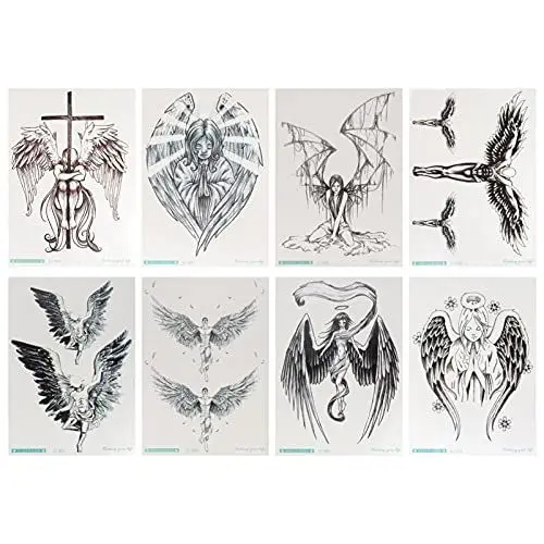 Produktbild: Lurrose Temporäre Tattoos - 8 Blatt Engel Aufkleber für Rücken, Brust, Arm und Körper - Wasserdicht, Groß und Gefälscht für Männer und Frauen - Halloween Cosplay