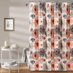 Produktbild: Lush Decor Leah Duschvorhang mit Blumenmuster, 183 x 183 cm (B x L), Korallenrot und Grau, Stoff-Duschvorhänge, Aquarell, botanischer Badezimmervorhang, Bauernhaus und französisches Landdekor