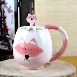 Produktbild: Lustige Fuchs Tasse Süß Kaffeetasse Keramik Teetasse mit Löffel & Untersetzer 420 ml Kaffeebecher Cute Tasse Espressotassen Kaffee Tasse Geburtstagsgeschenk für Freundin Freund Jungen Frauen Männer