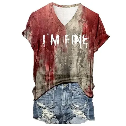 Produktbild: Lustige T-Shirts Mit Sprüchen Blutiges Druck Sportshirt Lustige Tshirts Damen Sommershirt Horror Halloween-Kostüm Problem Gelöst Shirt Sport Tshirt Blutiges T-Shirt（5-Watermelon Red，S）