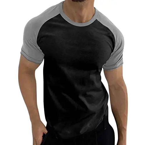 Produktbild: Herren Frühling Sommer Casual Sport Farbblock Raglanärmel Rundhals T-Shirt Armuhr Wasserdicht (L,Kaffee)