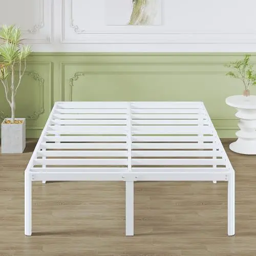 Produktbild: Lutown-Teen Metallbett 120x200 cm mit Runde Eckbeine, Höhe 46cm Bett mit Lattenrost, Metall Bettgestell 120x200 cm mit Stauraum unter dem Bett Weiss, Geräuschfrei, Einfacher Aufbau, Weiß