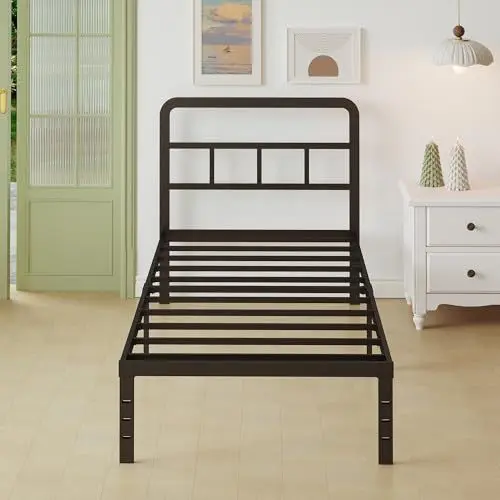 Produktbild: Lutown-Teen Metallbett 90x200 cm mit Kopfteil, Höhe 36cm Bett 90x200 mit Lattenrost, Metall Bettgestell mit Großer Stauraum unter dem Bett, Geräuschfrei, Einfacher Aufbau, Schwarz