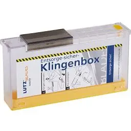 Produktbild: LUTZ BLADES Entsorge-Sicher-Klingenbox | Safety Box für gebrauchte Cuttermesser Klingen, Hakenklingen, Trapezklingen und gängige Rasierklingen | mit dauerhafter Verriegelung | von LUTZ in Solingen