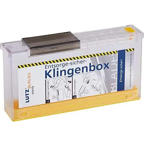 Produktbild: LUTZ BLADES Entsorge-Sicher-Klingenbox | Safety Box für gebrauchte Cuttermesser Klingen, Hakenklingen, Trapezklingen und gängige Rasierklingen | mit dauerhafter Verriegelung | von LUTZ in Solingen