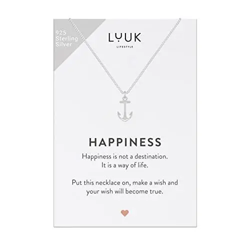 Produktbild: LUUK LIFESTYLE Halskette aus 925er Sterlingsilber mit Anker Anhänger und HAPPINESS Geschenkkarte, Reiseglücksbringer, Damenschmuck, trendiges Accessoire für Frauen, Freundin und Verlobte, Silber