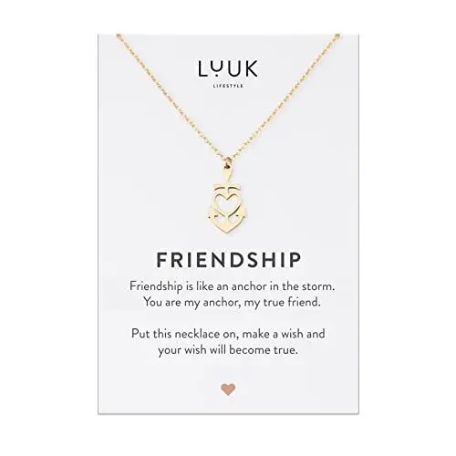 Produktbild: LUUK LIFESTYLE Halskette aus Edelstahl mit Herz & Anker Anhänger und FRIENDSHIP Karte, Schmuck für Frauen, minimalistisches Modeaccessoire, Gold