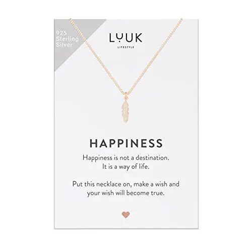 Produktbild: LUUK LIFESTYLE Halskette mit Feder Anhänger und HAPPINESS Karte, Modetrend für Frauen, Glücksbringer im Boho Stil für Reisen und Prüfungen, 925er Sterlingsilber, eleganter und schlichter Look, Rosé