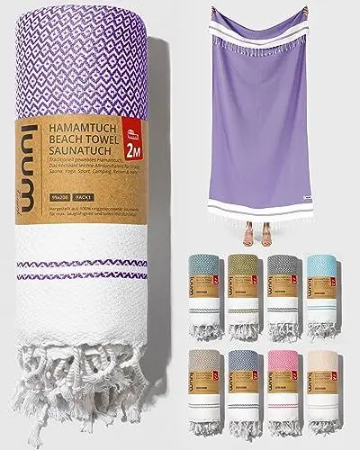 Produktbild: Luum® Saunahandtuch Strandtuch groß 100x200 Hamamtuch Badetuch Handtuch Yogatuch Duschtuch Strandhandtuch Saunatuch Reisehandtuch Turkish Towels, Damen Herren, 100% Baumwolle, Lila