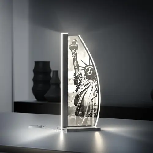 Produktbild: Luverre Tischlampe | LED-Leuchte | Glas-Leuchte mit Gravur für Nachttisch, Kommode, Wohnzimmer | Sehenswürdigkeit, Monument (Statue of Liberty, Segel | anthrazit)