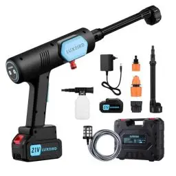 Produktbild: LUXBIRD Akku Hochdruckreiniger mit 1 Batterie, 21V tragbare elektrische Waschpistole mit 6-in-1 Sprühdüse, Einstellbarer Wassersäulenbereich, 45 Bar Max, mit Werkzeugkoffer für Autos, Böden, Fenster