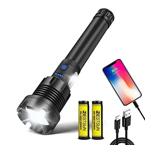 Produktbild: LUXNOVAQ Taschenlampe LED Aufladbar Extrem Hell, taschenlampen led 600000 Lumen, Starke Taktische COB lampe, XHP90 LED Taschenlampen IP6 Wasserdicht, 7 Lichtmodi, Zoombar für Im Freien Wandern