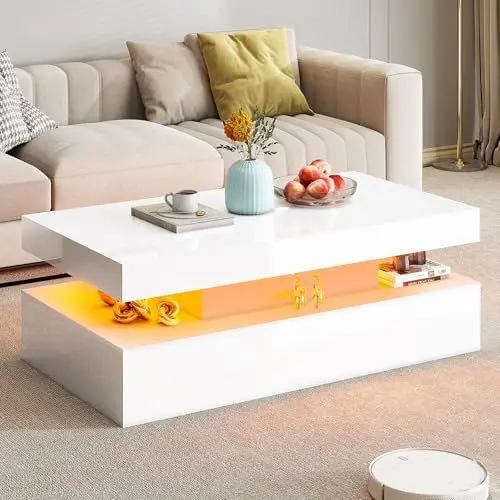 Produktbild: LUXOAK Couchtisch Hochglanz Weiß mit LED Beleuchtung – Moderner 2-stufiger Wohnzimmertisch mit offenem Stauraum, Rechteckiger Sofatisch für Wohnzimmer, 100x45.5x43 cm