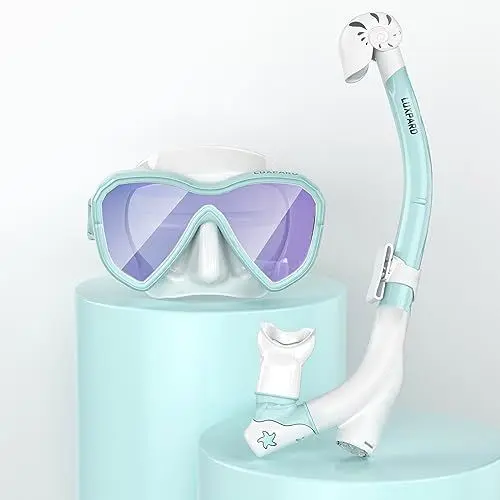 Produktbild: LUXPARD Schnorchelset Kinder, Taucherbrille Kinder mit Anti-Fog Panorama Weitblick Tauchmaske und Anti-Leck Trocken Schnorchel, Schnorchelmaske für Jungen und Mädchen (Blau mit beschichteter Linse)