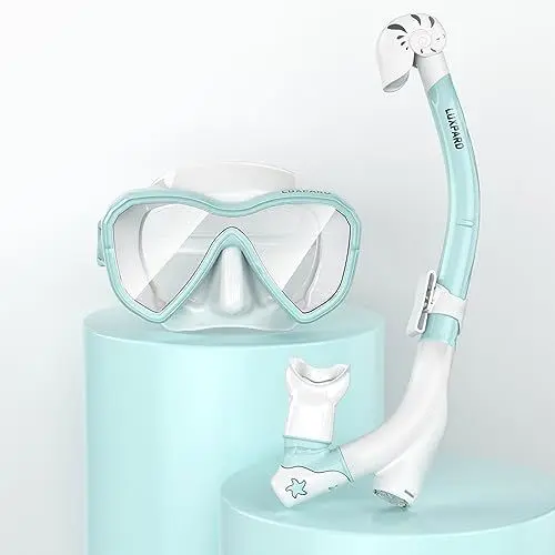 Produktbild: LUXPARD Schnorchelset Kinder, Taucherbrille Kinder mit Anti-Fog Panorama Weitblick Tauchmaske und Anti-Leck Trocken Schnorchel, Schnorchelmaske für Jungen und Mädchen (Blau)
