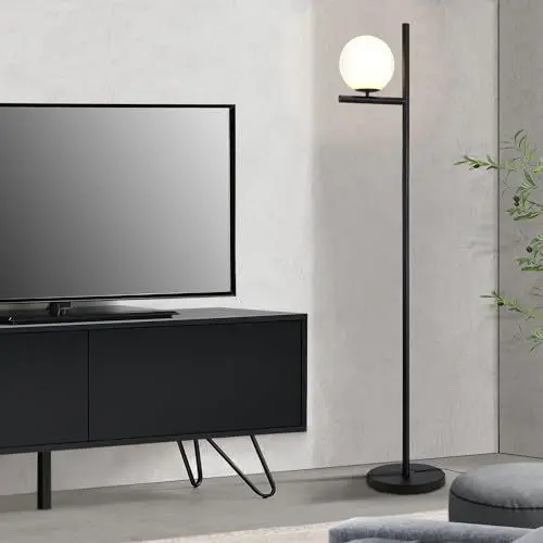Produktbild: lux.pro Stehlampe Aberdaron Wohnzimmerlampe Stehleuchte mit Lampenschirm aus Glas Weiß Standleuchte E27 Lampe stehend 154 cm hoch Metallgestell