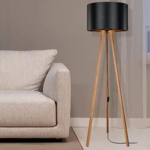 Produktbild: lux.pro Stehlampe Keynes 1 x E27 Stehleuchte für Wohnzimmer Dreibein Holz Standleuchte Bambus-Optik Schwarz
