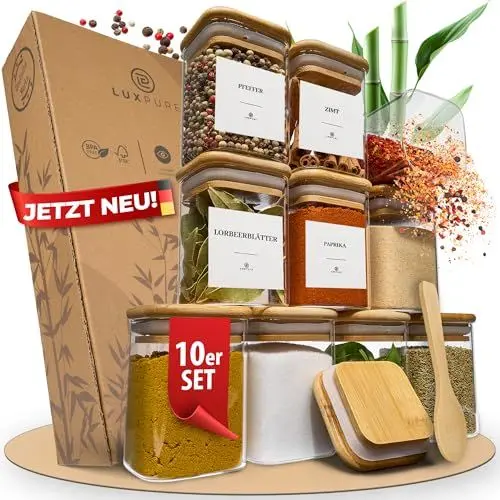 Produktbild: LuxPure Gewürzgläser Set 10-teilig (Glas mit Holzdeckel) - Luftdichte, stapelbare Gewürz Glasbehälter + Etiketten & Dosierlöffel - Spice Jars eckig, Bambusdeckel, Dressing Gläser beschriftet