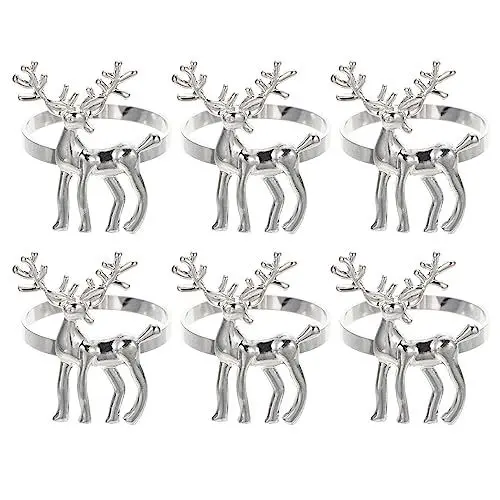 Produktbild: Luxshiny 6 Stücke Weihnachten Elch Serviettenringe Hirsch Serviettenring Halter Legierung Rentier Serviettenschnallen Weihnachten Esstisch Dekoration (Silber)
