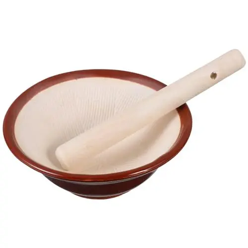 Produktbild: Luxshiny Japanischer Mörser Und Stößel Keramikmörser Schüsselmühle Suribachi-Mörser Lebensmittelbehälter Mischmahlschale Pillenbrecher-Set Für Zuhause Küche Restaurant