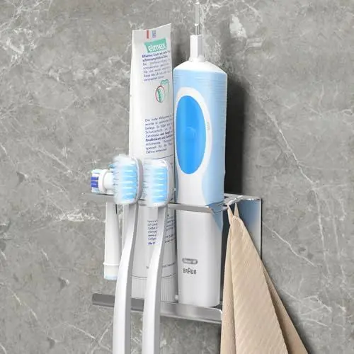 Produktbild: Luxspire Zahnbürstenhalter Wand, Zahnbürstenhalter Elektrische Zahnbürste 6 Schlitze Kompatibel mit Oral B iO Philips Sonic, Zahnputzbecherhalter Ohne Bohren für Badezimmer, Silber