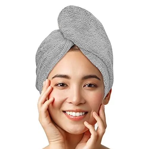 Produktbild: LUXTOGO® Haarturban-Premium Haarhandtuch 100% Baumwolle, Hochwertiges Turban Handtuch mit Knopf und Gummizug, Super Saugfähiges Kopfhandtuch (1 STK Grau)