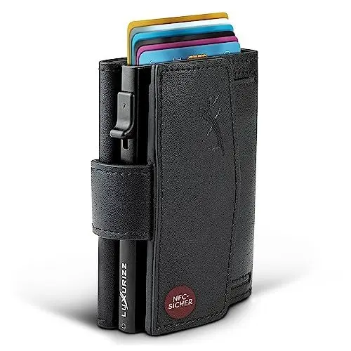 Produktbild: Luxurizz Smart Wallet aus echtem Leder schwarz/Slim Wallet mit Münzfach & RFID-Schutz/praktisches Kartenetui mit Slider/Geldbörse Herren & Damen in kompakter Größe für 10 Karten
