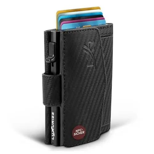 Produktbild: Luxurizz Smart Wallet in Carbon Optik aus echtem Leder schwarz/Slim Wallet mit Münzfach & RFID-Schutz/praktisches Kartenetui mit Slider/Carbon Geldbörse Herren & Damen für 10 Karten