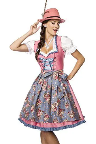 Produktbild: Luxus Designer Dirndl mit Schürze Kleid Dirndkleid Oktoberfest Tracht Trachtenkleid Spitze Denim Blumenprint Paspelierung Rüschen- 3XL, Rosa/Blau