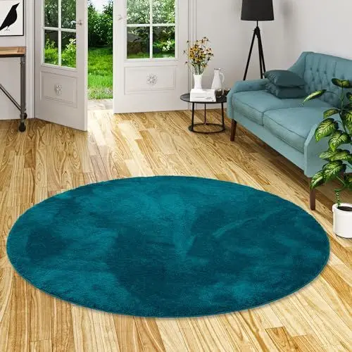 Produktbild: Luxus Super Soft Hochflor Langflor Teppich Rund Flauschig Weich Wohnzimmer Schlafzimmer Silky Petrol