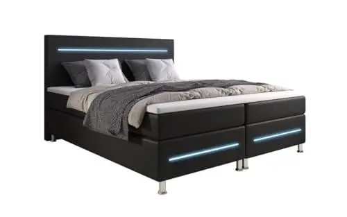 Produktbild: Boxspringbett Sejour 180x200 Doppelbett Polsterbett Bett mit LED-Beleuchtung | Bezug: | Farbe: Schwarz | Härtegrad: H3 (70-100kg)