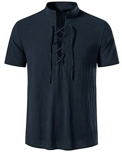Produktbild: LUYANA Herren Leinen Hemd Klassisch Schottisch Jacobit Ghillie Kilt Men Shirt Marine L