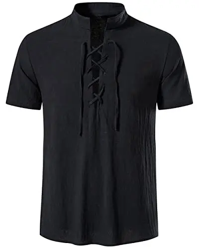 Produktbild: LUYANA Fashion Herren Leinen Hemd Kurzarmhemd Sommer Casual Henley Shirts Schwarz XL
