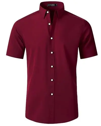 Produktbild: LUYANA Herren Kurzarm Hemd Businesshemd Regular Fit Hemden Hochzeit Arbeits Hemden Wein Rot 2XL