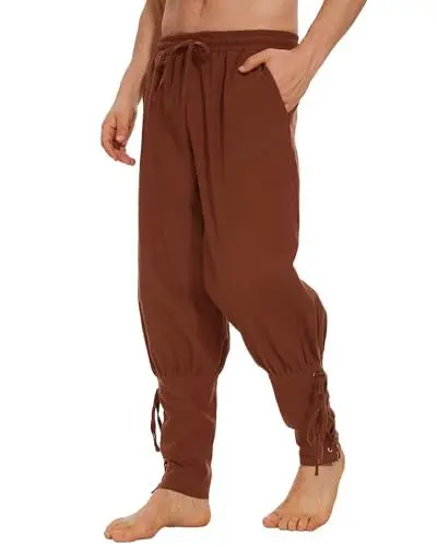 Produktbild: LUYANA Herren Mittelalter Hose Leinenhose Wikinger Kostüm Piratenhose Herren Hosen Braun L