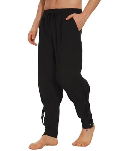 Produktbild: LUYANA Herren Mittelalter Hose Leinenhose Wikinger Kostüm Piratenhose Herren Hosen Schwarz M