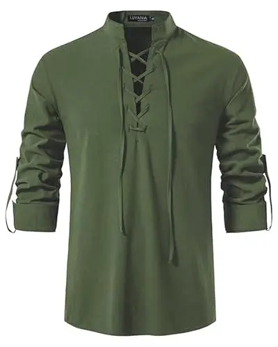 Produktbild: LUYANA Leinenhemd Herren Langarm Freizeithemd Ghillie Kilt Shirt Armeegrün L