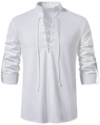 Produktbild: LUYANA Herren Casual Langarm Leinen Shirt Hippie V Ausschnitt Strand Hemd Weiß L