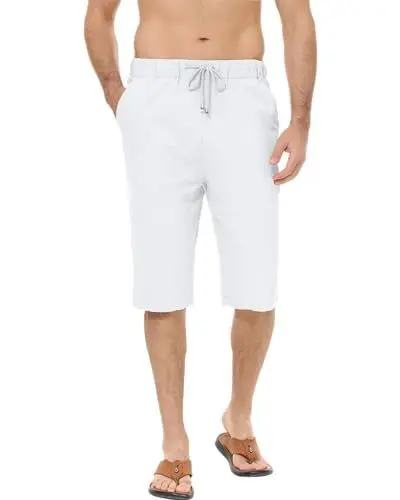 Produktbild: LVCBL 3/4 Hose Herren Leinen Shorts Männer Lässig Sommer Kurze Hose mit Tunnelzug Weiß XL