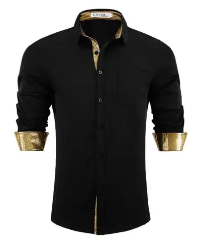 Produktbild: LVCBL Freizeithemd Herren Langarm Business Formelle Hemd Regular Fit Musterhemd Schwarzes Gold L