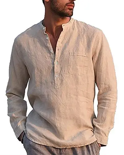 Produktbild: LVCBL Leinenhemden Herren Hemd Herren Langarm Regular Fit Herren Shirt Khaki L
