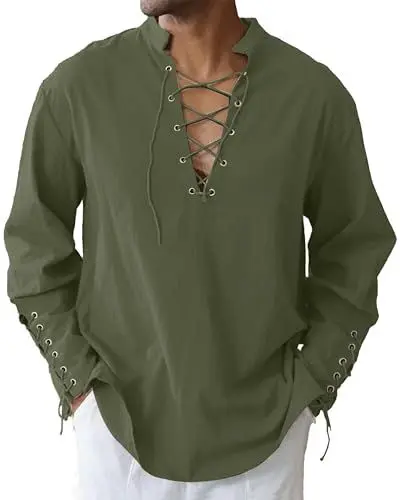 Produktbild: LVCBL Herren Mittelalter Hemd Klassisches Gothic Pirat Viking Leinenhemd Armee grün M