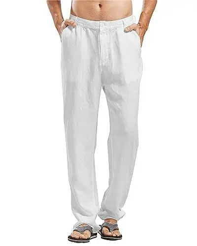Produktbild: LVCBL Herren Leinenhose Lang Sommerhose Herren mit Taschen Elastischer Bund Weiß M