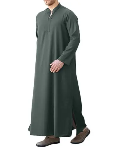 Produktbild: LVCBL Herren Kaftan Nachthemd Knopf Herren V-Ausschnitt Loungewear Bademäntel Langarm Robe Tunika Hemd mit Kapuze Grau L