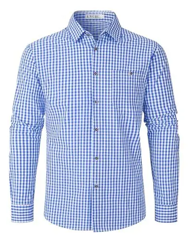 Produktbild: LVCBL Herren Kariertes Langarm Hemd Oktoberfest Trachtenhemd Herrenhemden Kariert Hemden Blau XL
