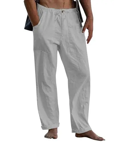 Produktbild: LVCBL Leinenhose Herren Sommer mit Kordelzug Freizeitkleidung Hellgrau XL