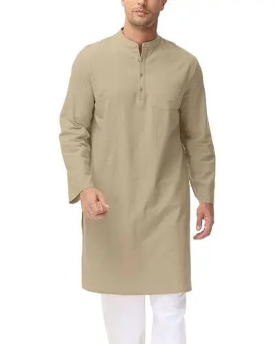 Produktbild: LVCBL Herren Leinen Kaftan Ethnisch Robe Nachtwäsche Lässig Loose Fit Thobe Khaki 3XL