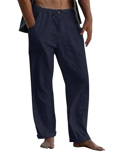 Produktbild: LVCBL Herren Lässige Leinenhose Kordelzug Sommer Strandhose Marine XL