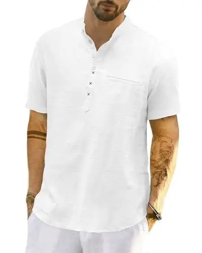 Produktbild: LVCBL Herren Leinenhemd Kurzarm Sommerhemd Regular Fit Freizeithemd Weiß M
